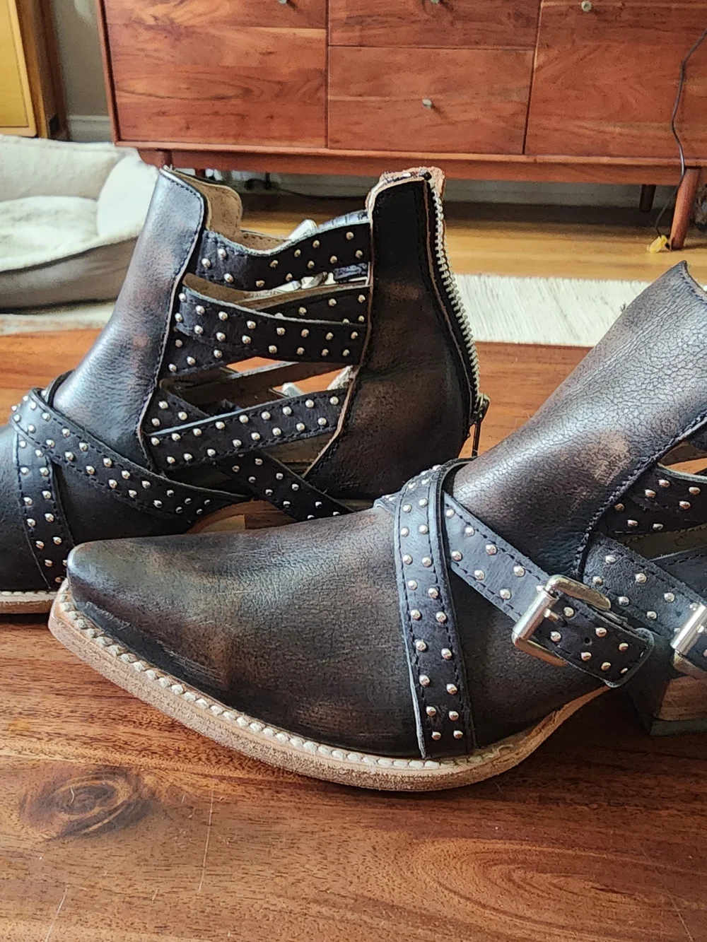 freebird Wasp Distressed Brown/black Studded Leather Ankle Booties